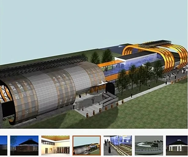 Exterior view of a train station in Italy with trains and passengers.