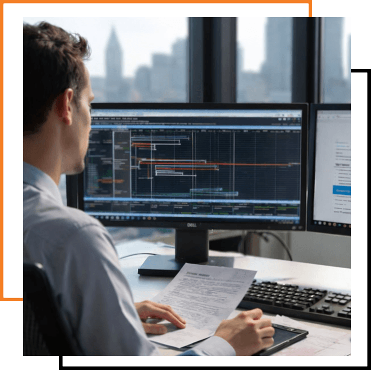 Project manager using computer software to schedule construction tasks and timelines.
